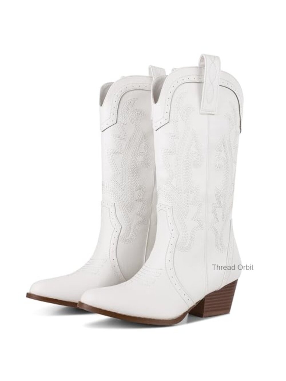 Faux Leather Embroidered Cowgirl Boots Chunky Heel Mid Calf Western